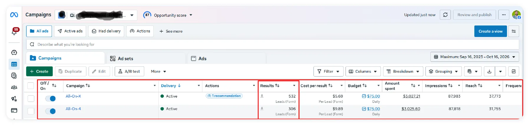 Meta Ads Manager: All-on-X and All-on-4 campaigns, 838 leads