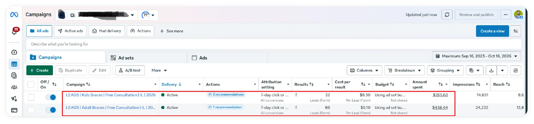 Meta Ads Manager: adult and kids braces campaigns, 118 leads