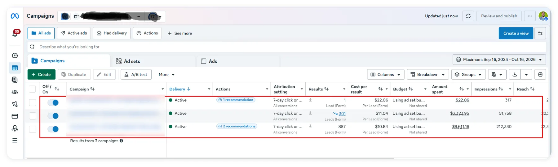 Meta Ads Manager: full-mouth implant campaigns, 1,189 leads