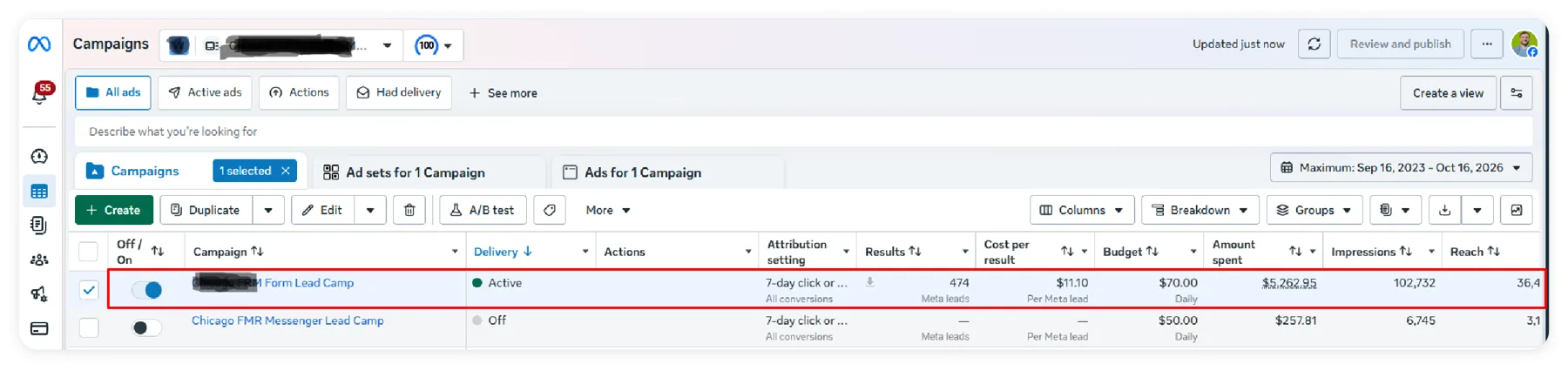 Meta Ads Manager: full-mouth reconstruction campaign, 474 leads at $11.10 each